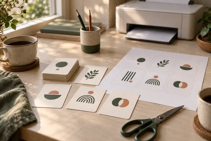 Illustration de cartes en papier, de crayons et de deux tasses sur une table, près d’une imprimante